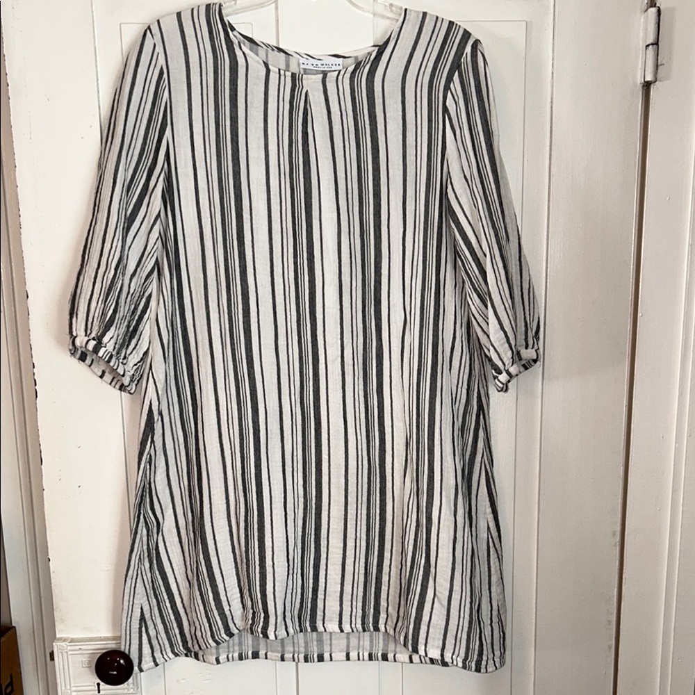 BRYN WALKER Cotton Shirt Dress Blue Striped Half Sleeve Resort Cruise Spring